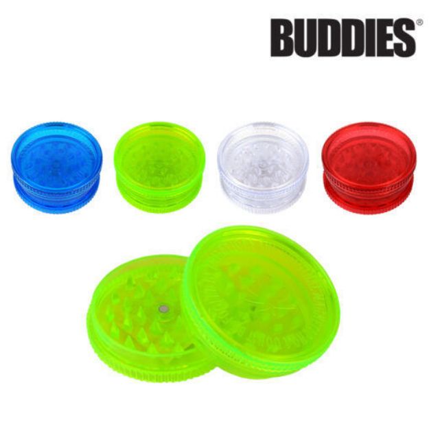 Picture of BUDDIES PLASTIC 2.25" GRINDERS w/DIAMOND TEETH &amp; MAG, BOX/16, INCL: CLEAR, BLUE, GREEN &amp; RED