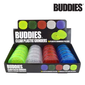 Picture of BUDDIES PLASTIC 2.25" GRINDERS w/DIAMOND TEETH &amp; MAG, BOX/16, INCL: CLEAR, BLUE, GREEN &amp; RED
