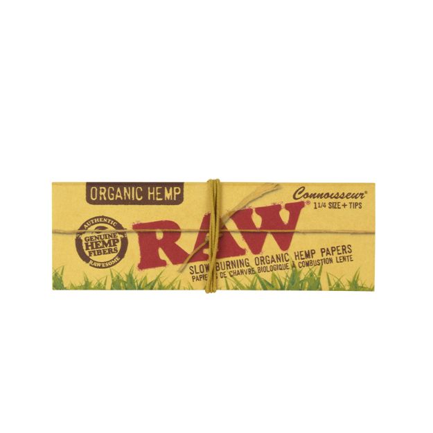 Picture of RAW ORGANIC NATURAL UNREFINED HEMP CONNOISSEUR ROLLING PAPERS with TIPS 1 1/4 SIZE, PACK/50, BOX/24