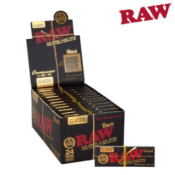 Picture of RAW BLACK NATURAL UNREFINED ARTISAN CONNOISSEUR PAPERS w/TIPS 1 1/4 SIZE, PACK/50, BOX/24
